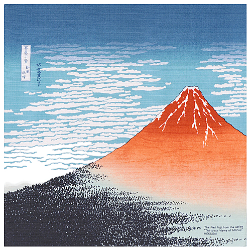 Japanisches Furoshiki Verpackungstuch aus Baumwolle mit dem Hokusai-Kunstmotiv „Der rote Fuji“.