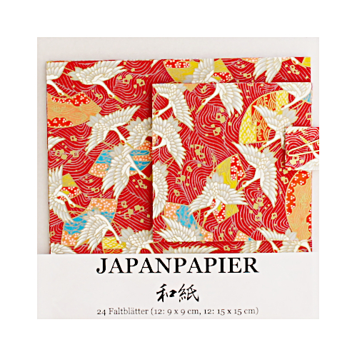 Rotes Japanpapier mit stilisierten Kranich-Motiven (Tsuru)