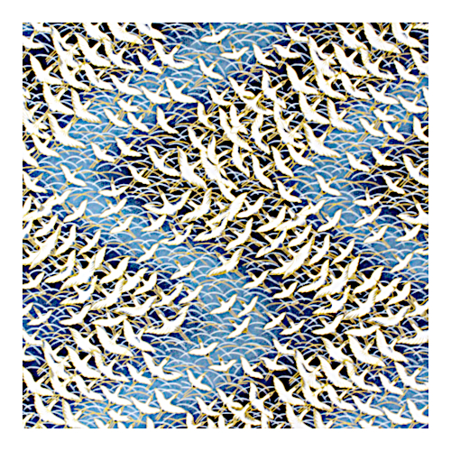 Nahaufnahme eines dunkelblauen Washi-Bogens mit detailreichen fliegenden Kranichen