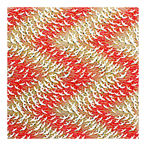 Nahaufnahme eines roten Washi-Bogens mit detailreichen fliegenden Kranichen