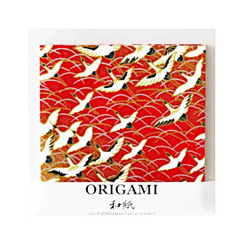 20 Blätter japanisches Yuzen Washi Papier 10x10 cm, roter Hintergrund, weiße Kraniche, für Origami und Basteln
