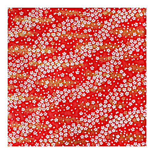 Washi Bogen "Sakura Rot" – Japanpapier mit Kirschblüten aus Kyoto Nahaufnahme eines roten Washi-Bogens mit weissen und goldenen Kirschblüten in diagonalen Bahnen